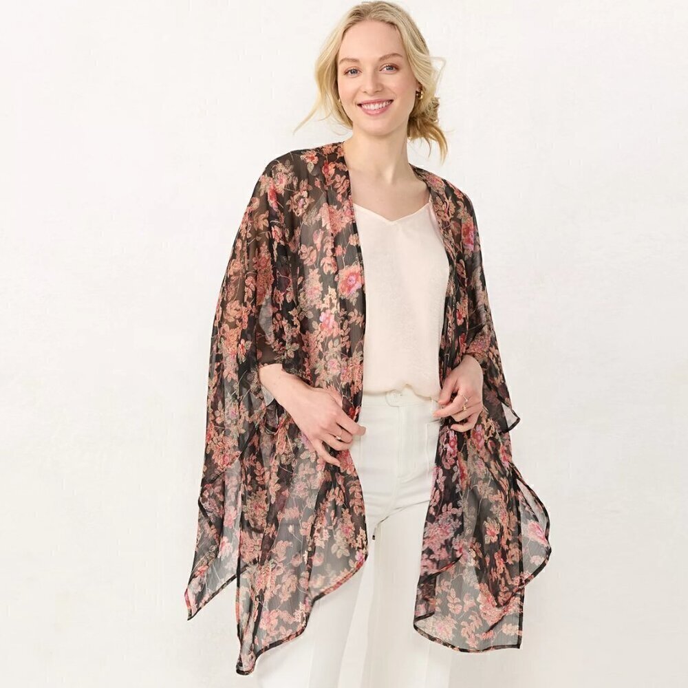 New LC Lauren Conrad Short Black Floral Ruana Kimono Scarf One Size Fits Most